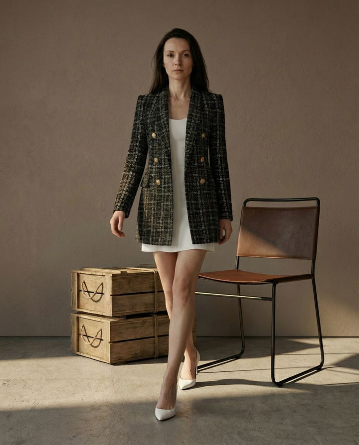 Zara Długi Żakiet Damski | Tkanina Bouclé, Klasyczna Krata, Złote Guziki - 3