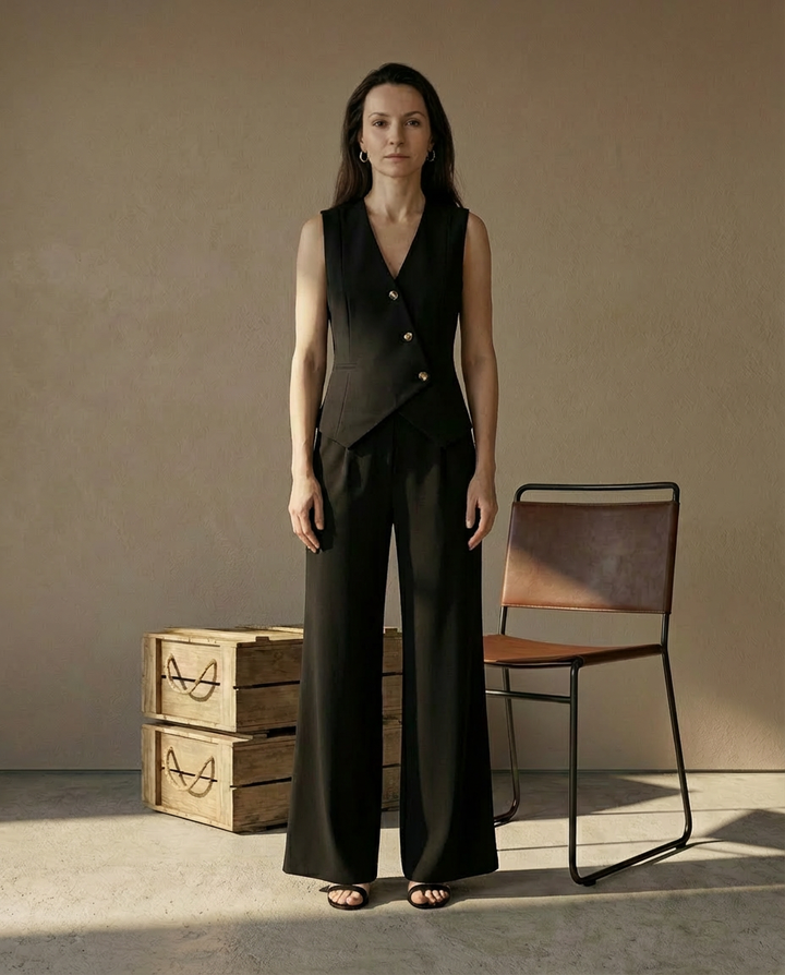 Garnitur Damski Kira | Elegancka Kamizelka i Spodnie z Szeroką Nogawką - 2