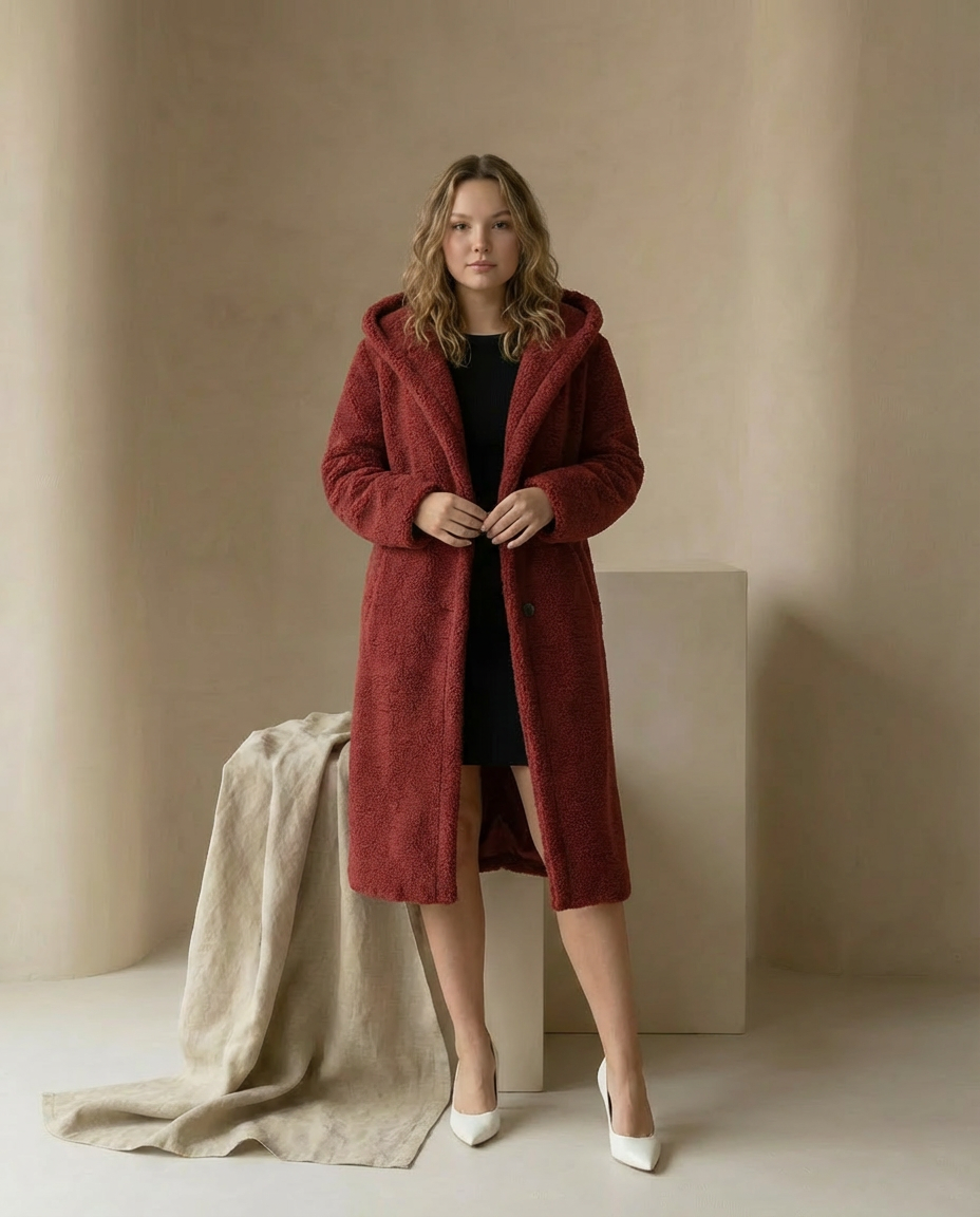 Długi Płaszcz Teddy z Kapturem | Miękki Materiał | Elegancki Fason - 2