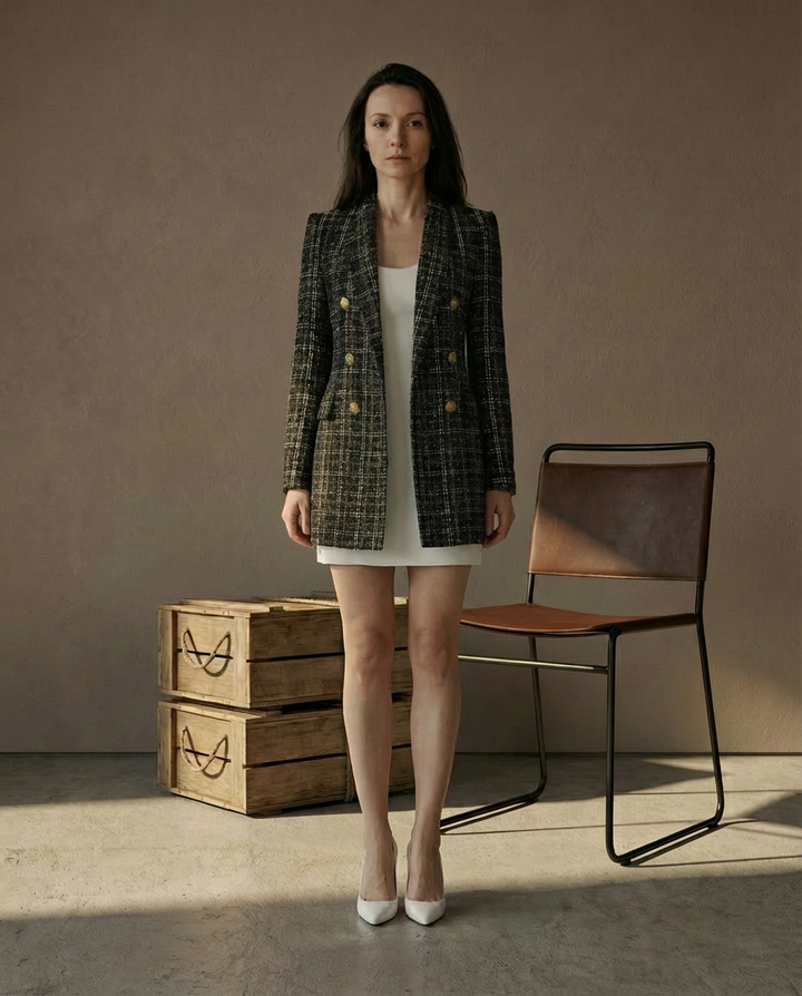 Zara Długi Żakiet Damski | Tkanina Bouclé, Klasyczna Krata, Złote Guziki - 2