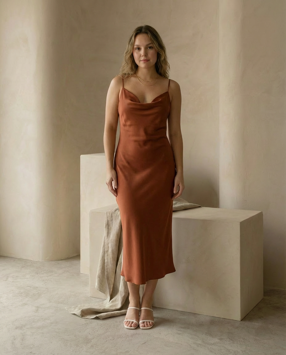 Sukienka Satynowa Maxi | Cienkie Ramiączka, Elegancka na Wesele - 2