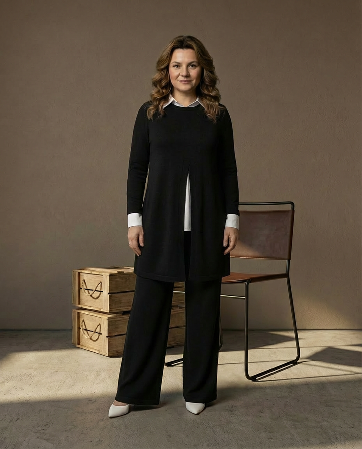 Komplet z Tunika Koszulową | Elegancki Minimalizm | Długie Spodnie i Długi Rękaw - 2