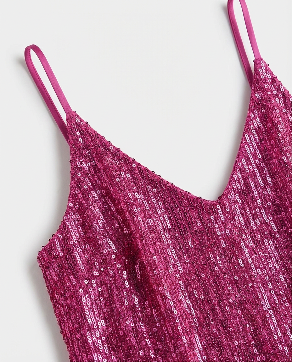 Krótka Sukienka z Cekinami | Lekki Luźny Krój z Dekoltem w Serek | Stylowa Sukienka na Imprezę