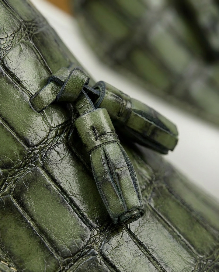 Mokasyny męskie skórzane | Klasyczny krój | Frędzle i wytłoczony wzór | Na co dzień