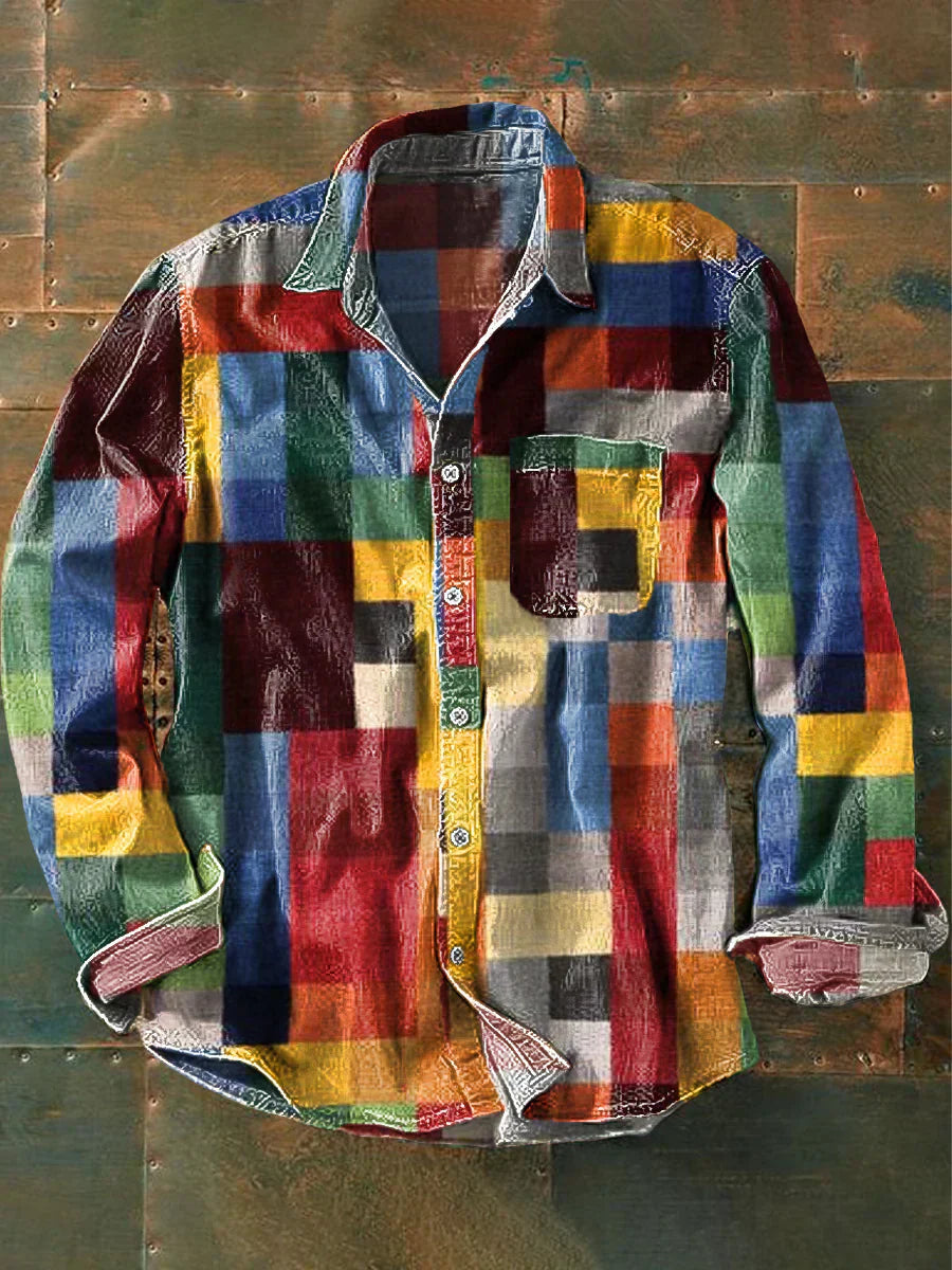 Męska Koszula w Stylu Patchwork | Luźny Krój | Bawełniana Tkanina | Artystyczny Design