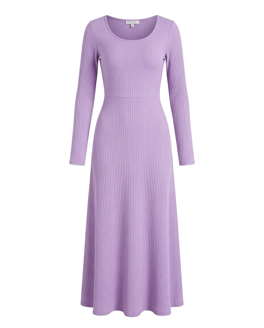 Sukienka Długa Prążkowana | Dopasowany Krój | Rozszerzane Rękawy | Na Co Dzień