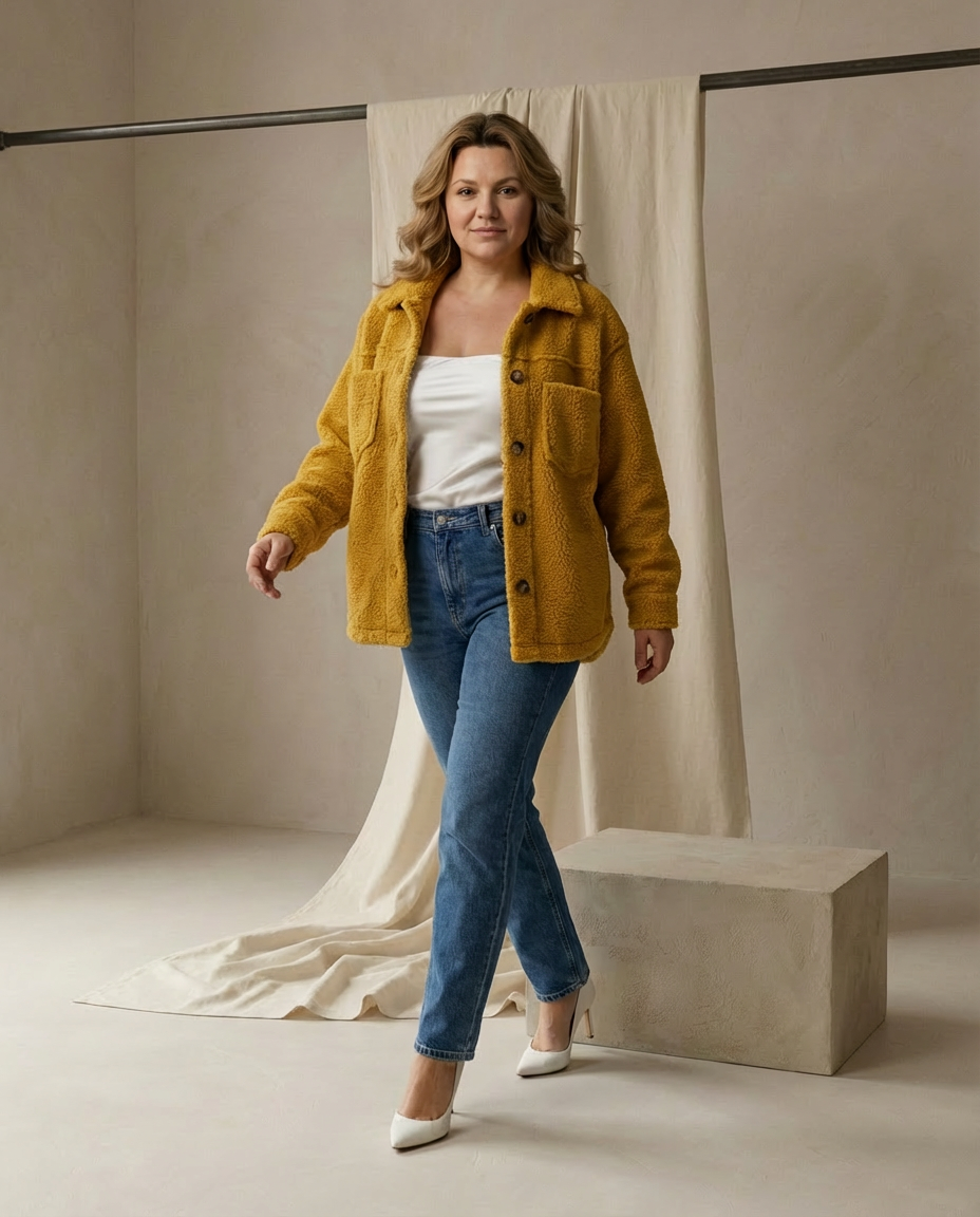 Damska Kurtka z Baranka | Krótki Fason | Guziki i Kieszenie | Styl Casual na Co Dzień - 4