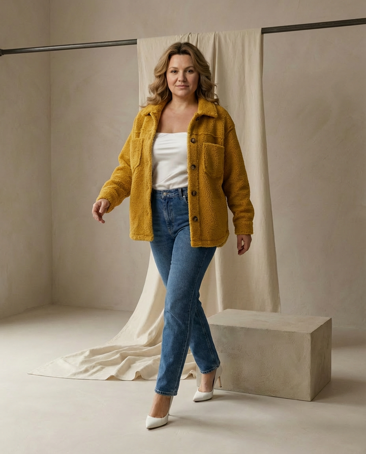 Damska Kurtka z Baranka | Krótki Fason | Guziki i Kieszenie | Styl Casual na Co Dzień - 4