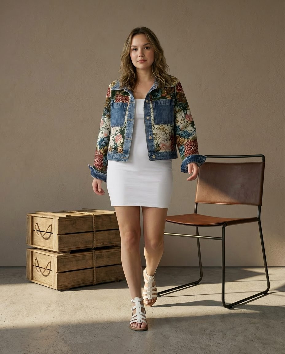 Kurtka Dżinsowa Damska Dzinsowka | Luźny Krój | Kwiatowe Detale | Na Co Dzień