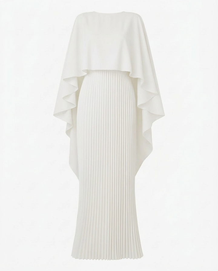 Plisowana Sukienka Maxi z Peleryną | Drapowany Krój | Elegancki Fason