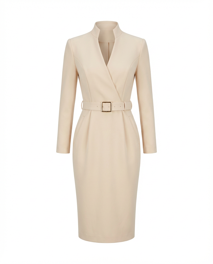 Sukienka Midi Elegancka | Dopasowany Krój | Zaznaczona Talia | Do Pracy i Na Oficjalne Okazje