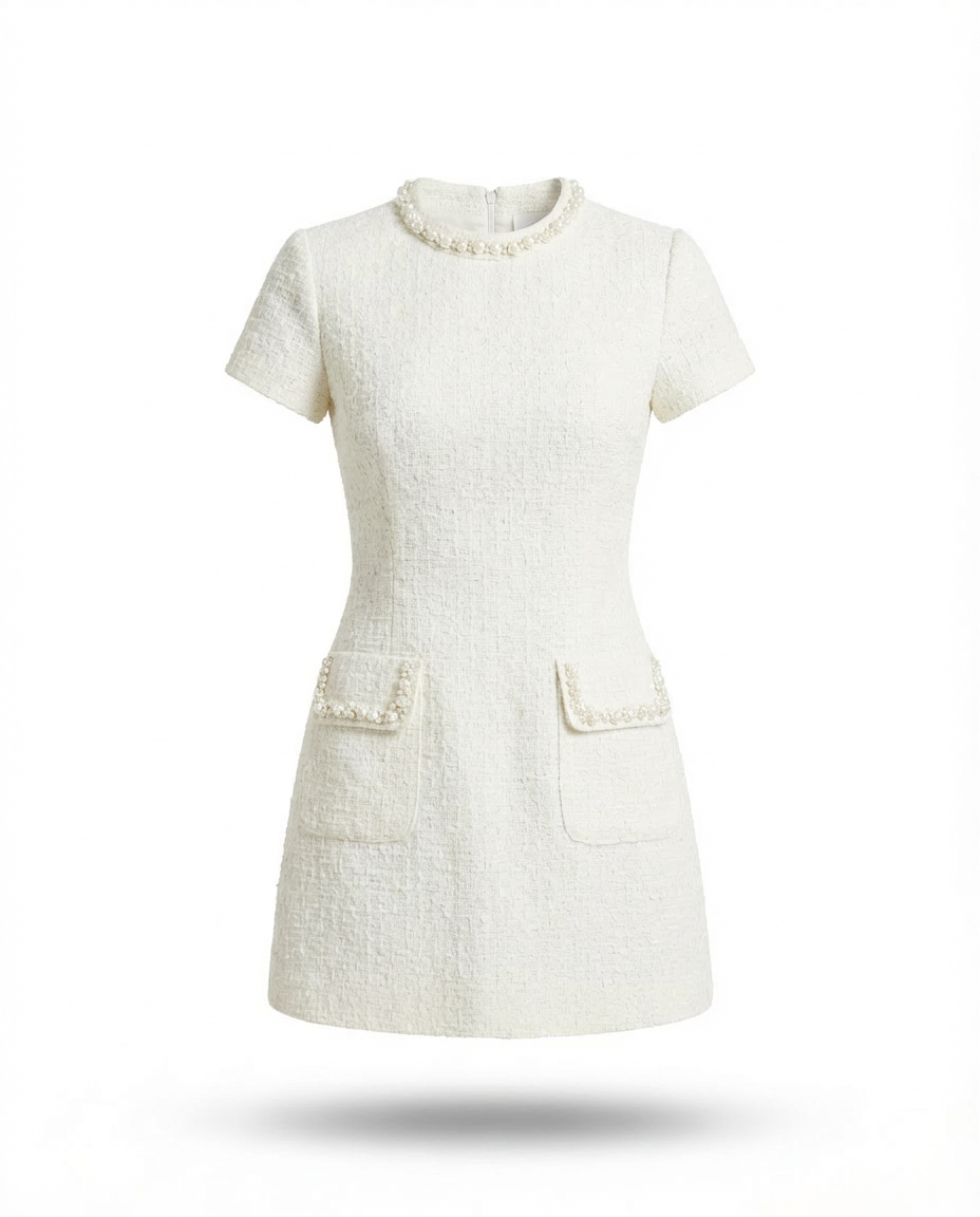 Sukienka Damska Mini Elegancka | Dopasowany Krój | Perłowe Wykończenie | Na Co Dzień i Na Wyjścia