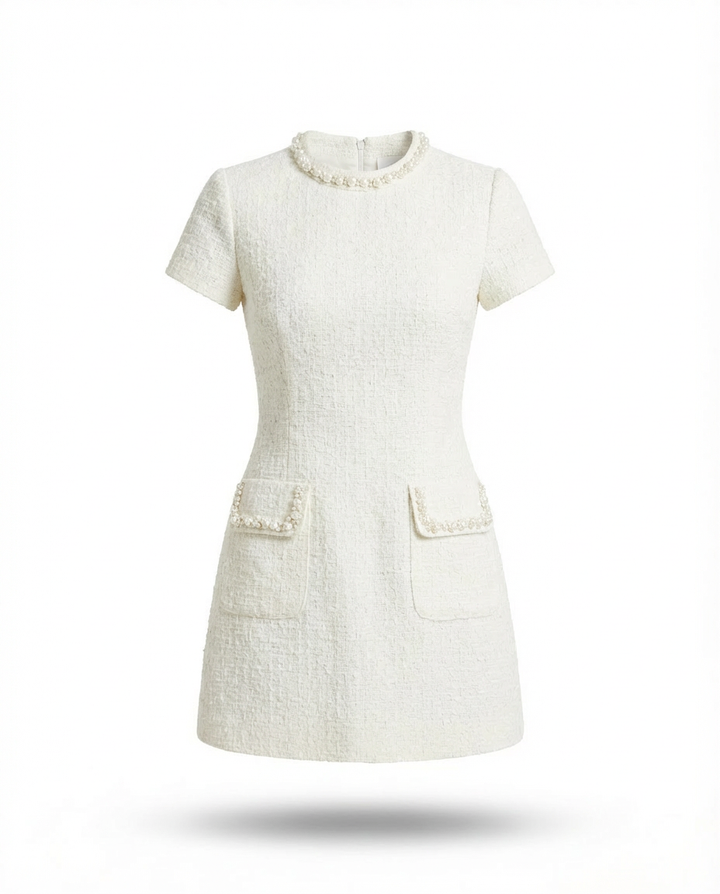 Sukienka Damska Mini Elegancka | Dopasowany Krój | Perłowe Wykończenie | Na Co Dzień i Na Wyjścia