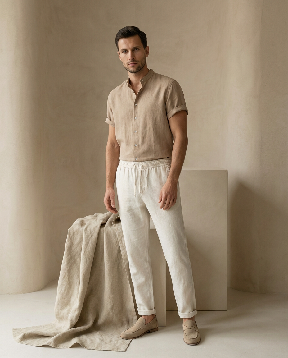 Zestaw Męski Koszula i Spodnie | Luźny Krój | Lekki Len | Na Lato
