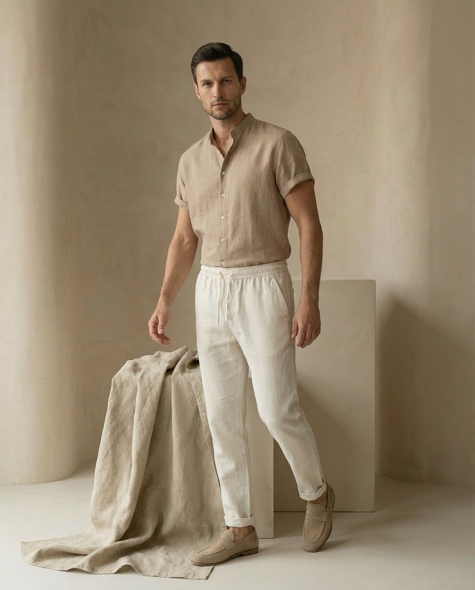 Zestaw Męski Koszula i Spodnie | Luźny Krój | Lekki Len | Na Lato
