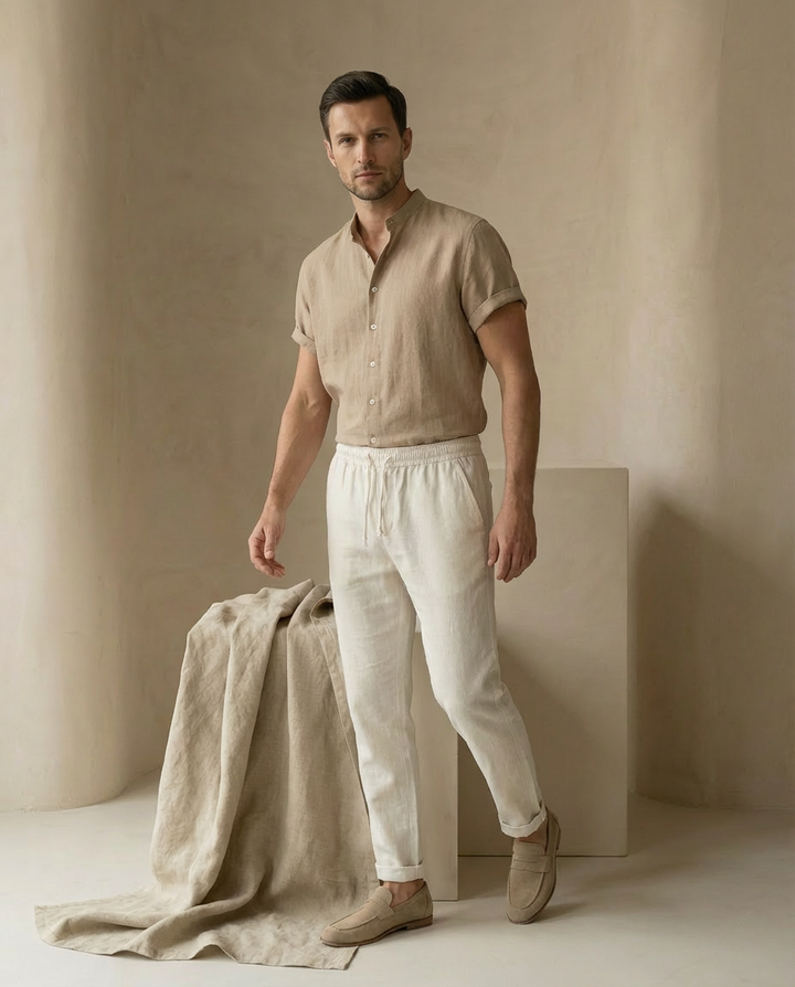 Zestaw Męski Koszula i Spodnie | Luźny Krój | Lekki Len | Na Lato