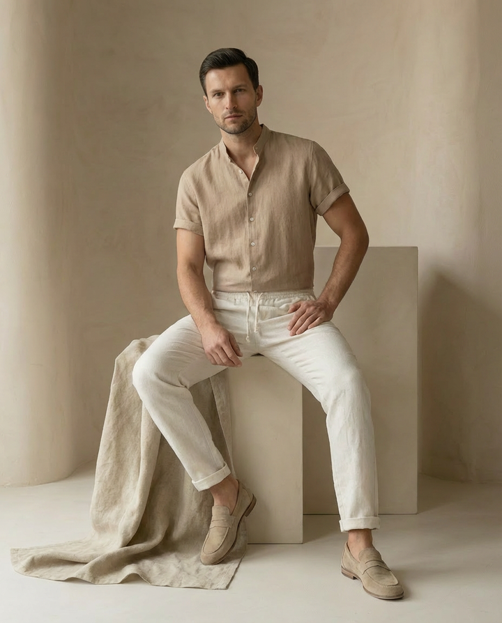 Zestaw Męski Koszula i Spodnie | Luźny Krój | Lekki Len | Na Lato
