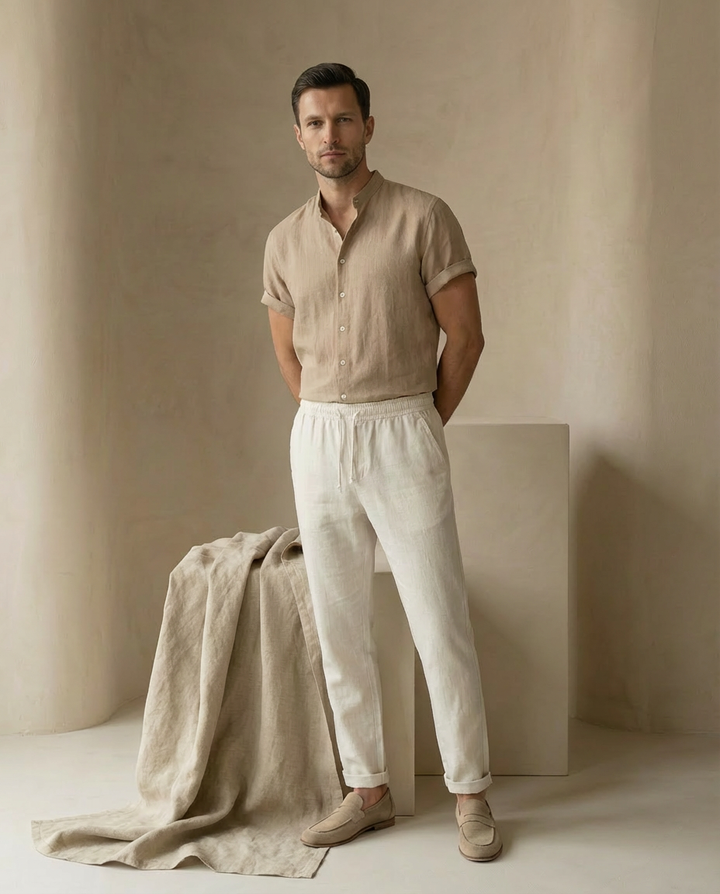 Zestaw Męski Koszula i Spodnie | Luźny Krój | Lekki Len | Na Lato