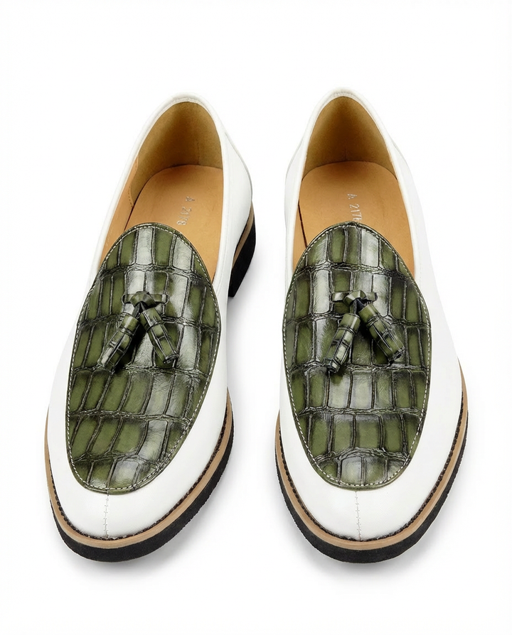 Mokasyny męskie skórzane | Klasyczny krój | Frędzle i wytłoczony wzór | Na co dzień