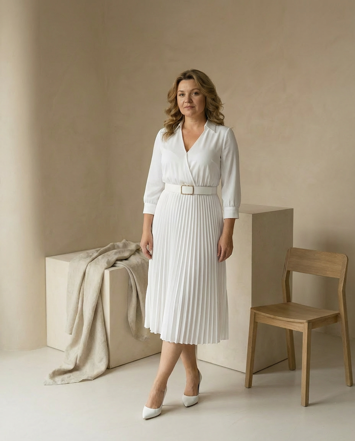 Sukienka Midi Elegancka | Dopasowany Krój | Dekolt w Kształcie V | Na Wiosnę i Lato