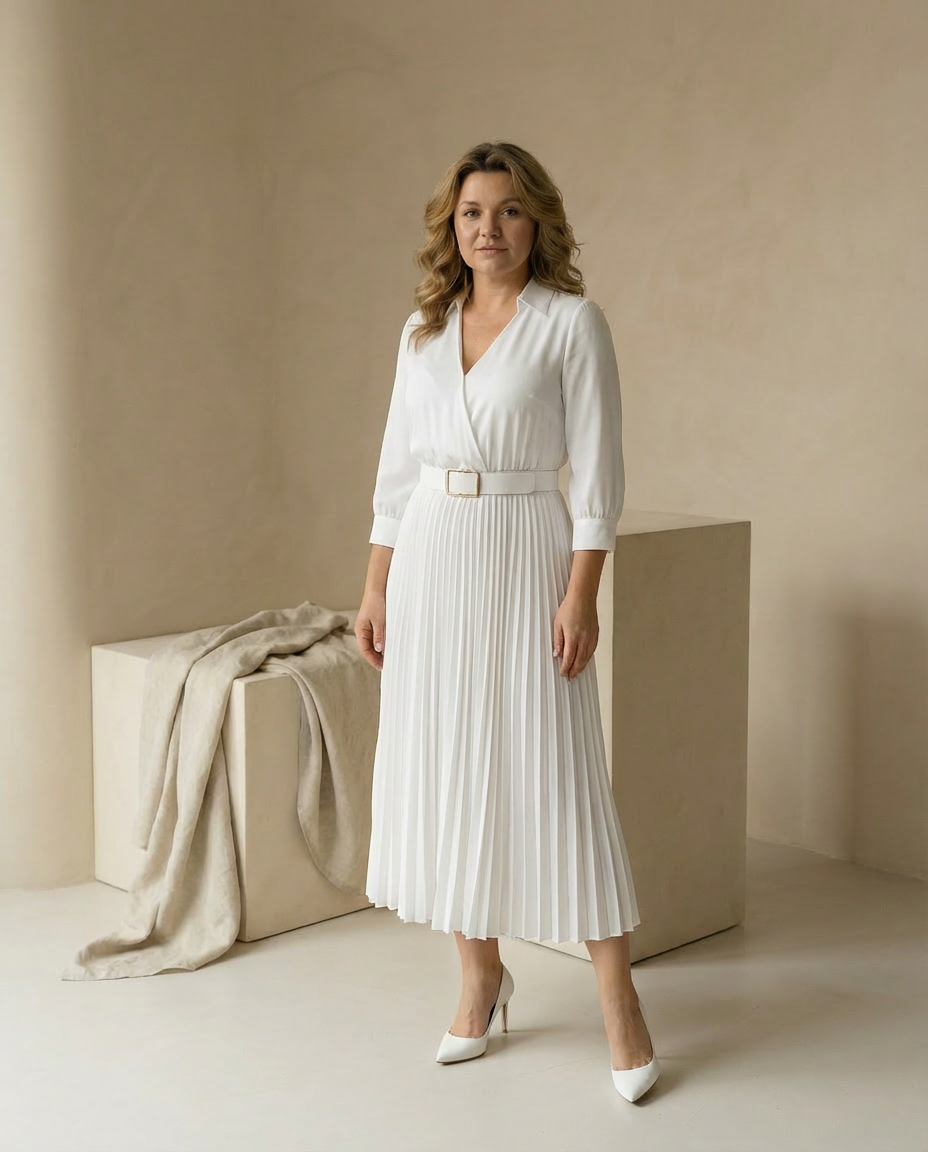 Sukienka Midi Elegancka | Dopasowany Krój | Dekolt w Kształcie V | Na Wiosnę i Lato