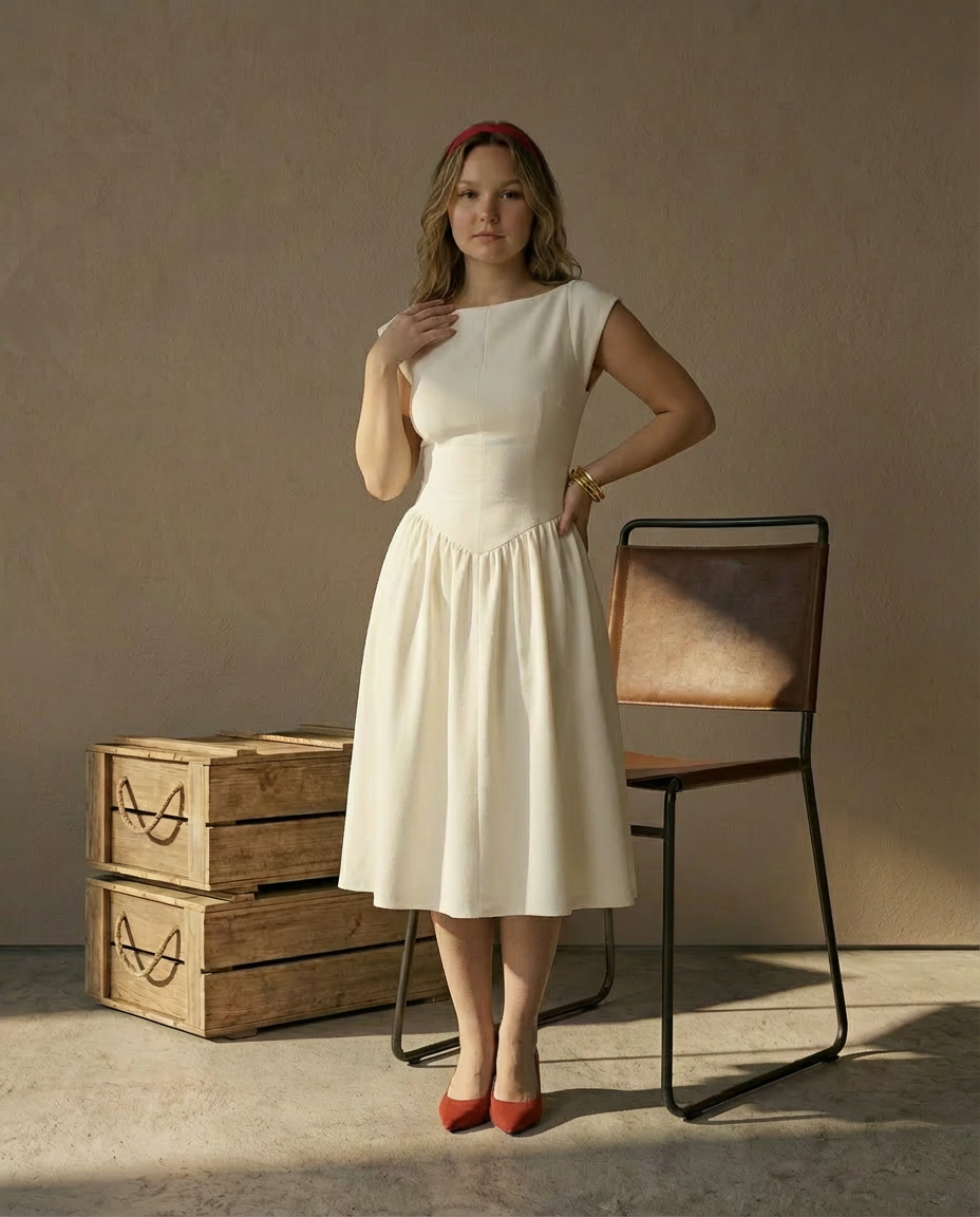 Sukienka Damska Midi Letnia | Dopasowany Krój | Ozdobne Marszczenia | Na Lato