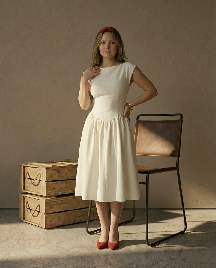 Sukienka Damska Midi Letnia | Dopasowany Krój | Ozdobne Marszczenia | Na Lato