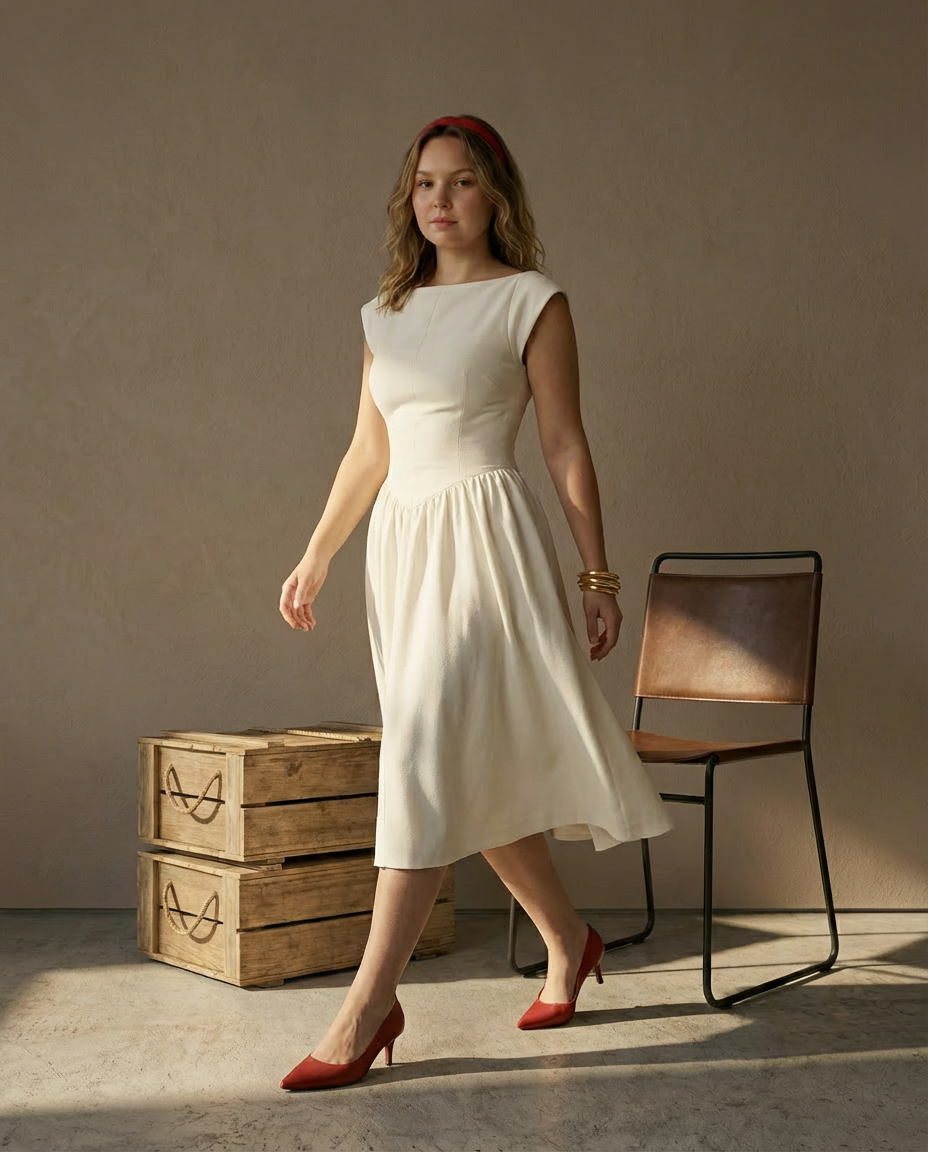 Sukienka Damska Midi Letnia | Dopasowany Krój | Ozdobne Marszczenia | Na Lato