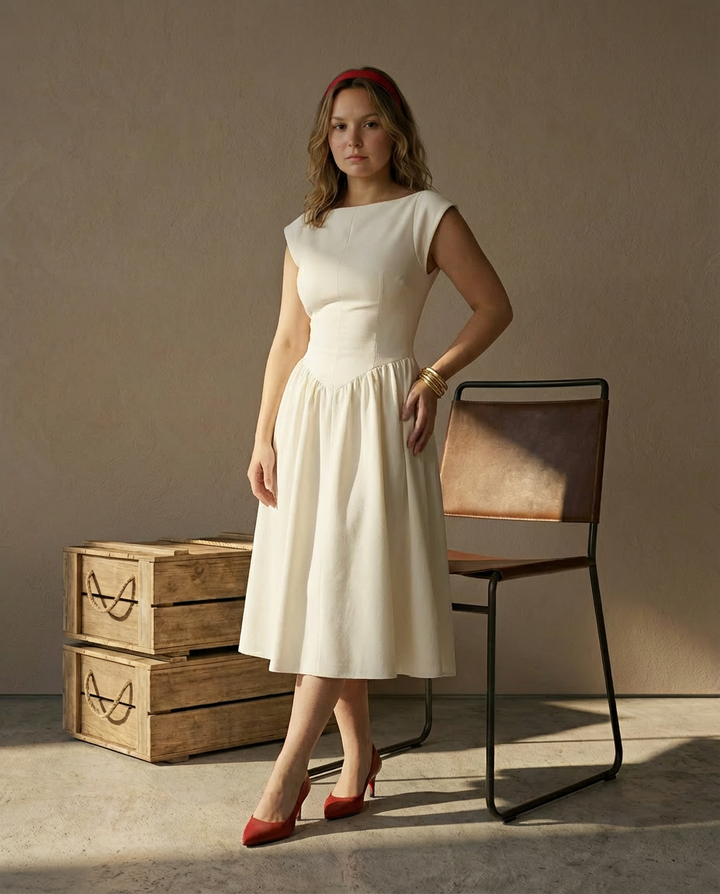 Sukienka Damska Midi Letnia | Dopasowany Krój | Ozdobne Marszczenia | Na Lato