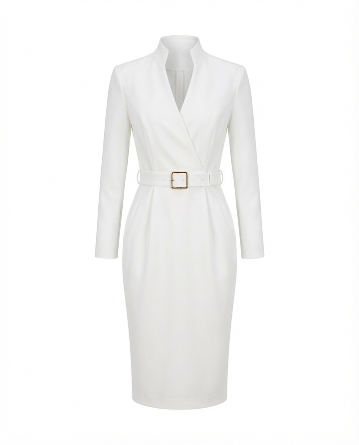 Sukienka Midi Elegancka | Dopasowany Krój | Zaznaczona Talia | Do Pracy i Na Oficjalne Okazje