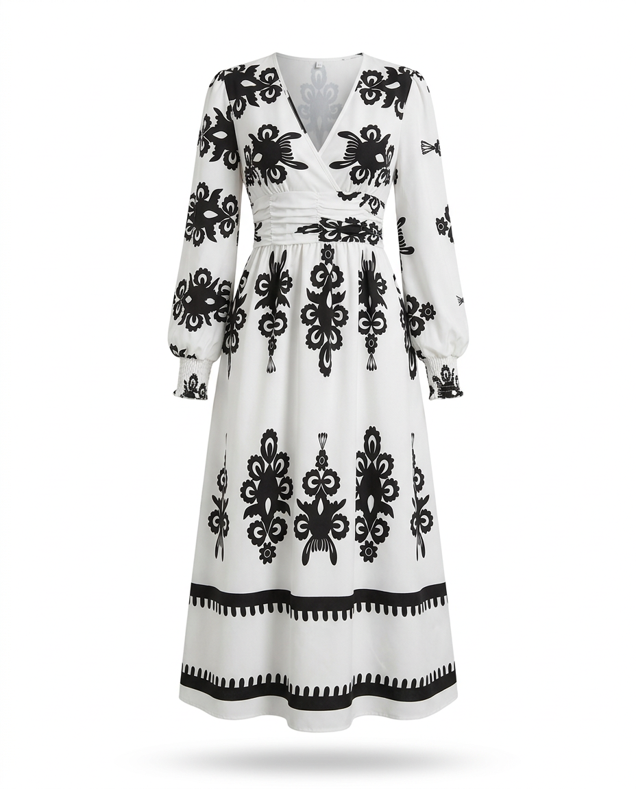 Sukienka Damska Midi Elegancka | Dopasowany Krój | Bufiaste Rękawy | Na Co Dzień