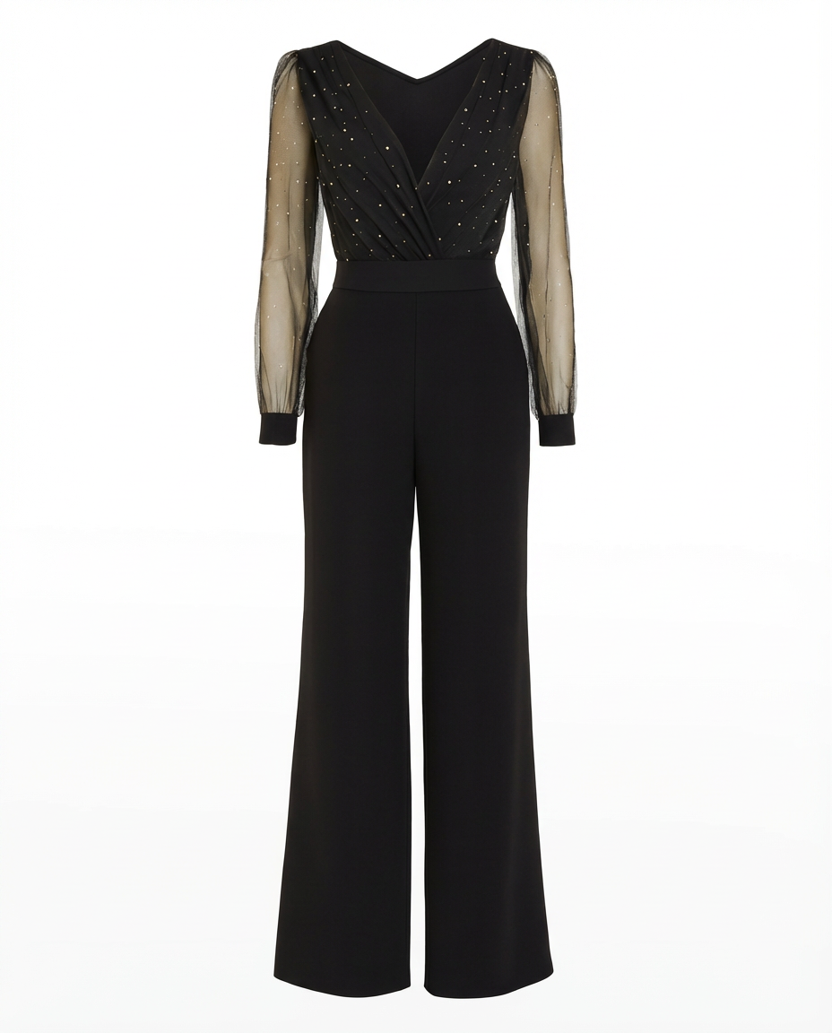 Elegancki Kombinezon Damski | Przezroczyste Rękawy z Aplikacjami, Szerokie Nogawki - 1