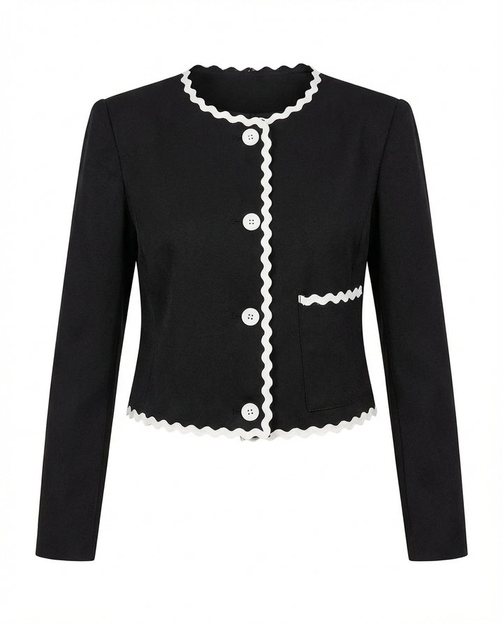 Marynarka Damska Elegancka | Regularny Krój | Kontrastowe Wykończenia | Do Pracy i Na Wiosnę