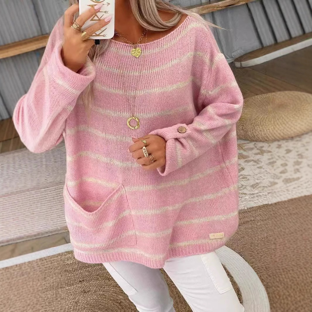 Sweter w Paski z Kieszeniami | Dzianina Oversize | Miękki i Swobodny Krój