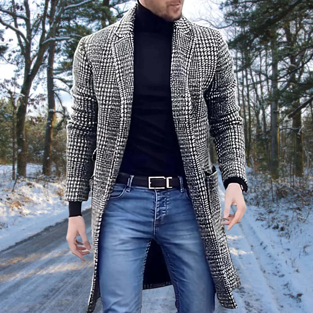 Męski Płaszcz w Pepitkę | Długi Krój | Stylowa Elegancja na Zimę