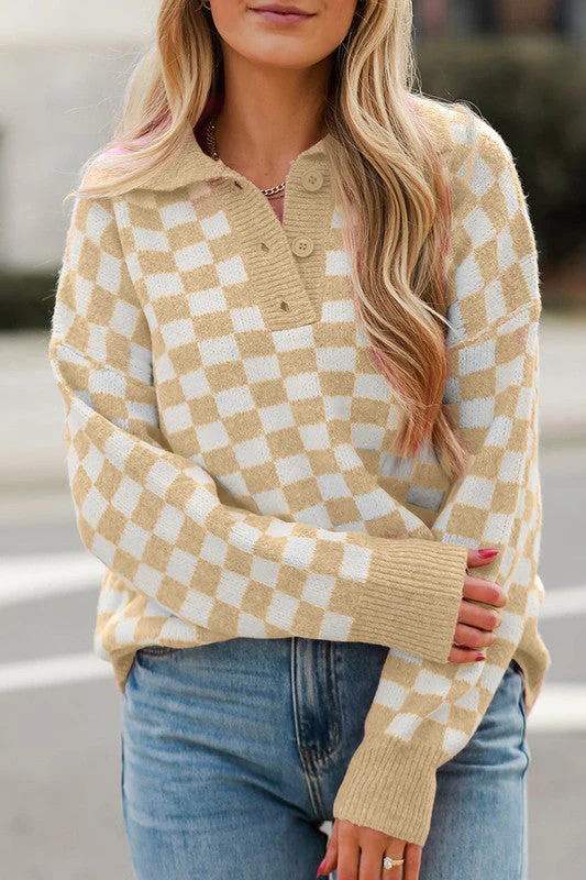 Sweter w Kratę | Dzianina | Luźny Krój i Styl Vintage