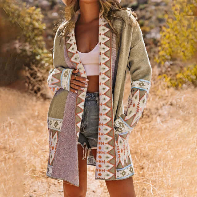 Kardigan z Etnicznym Wzorem | Dzianina Boho | Luźny i Stylowy
