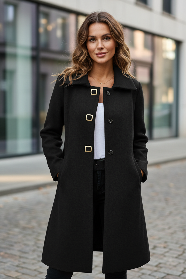Płaszcz Damski z Dekoracyjnymi Klamrami | Długość Przed Kolano | Minimalistyczna Linia | Styl Miejski