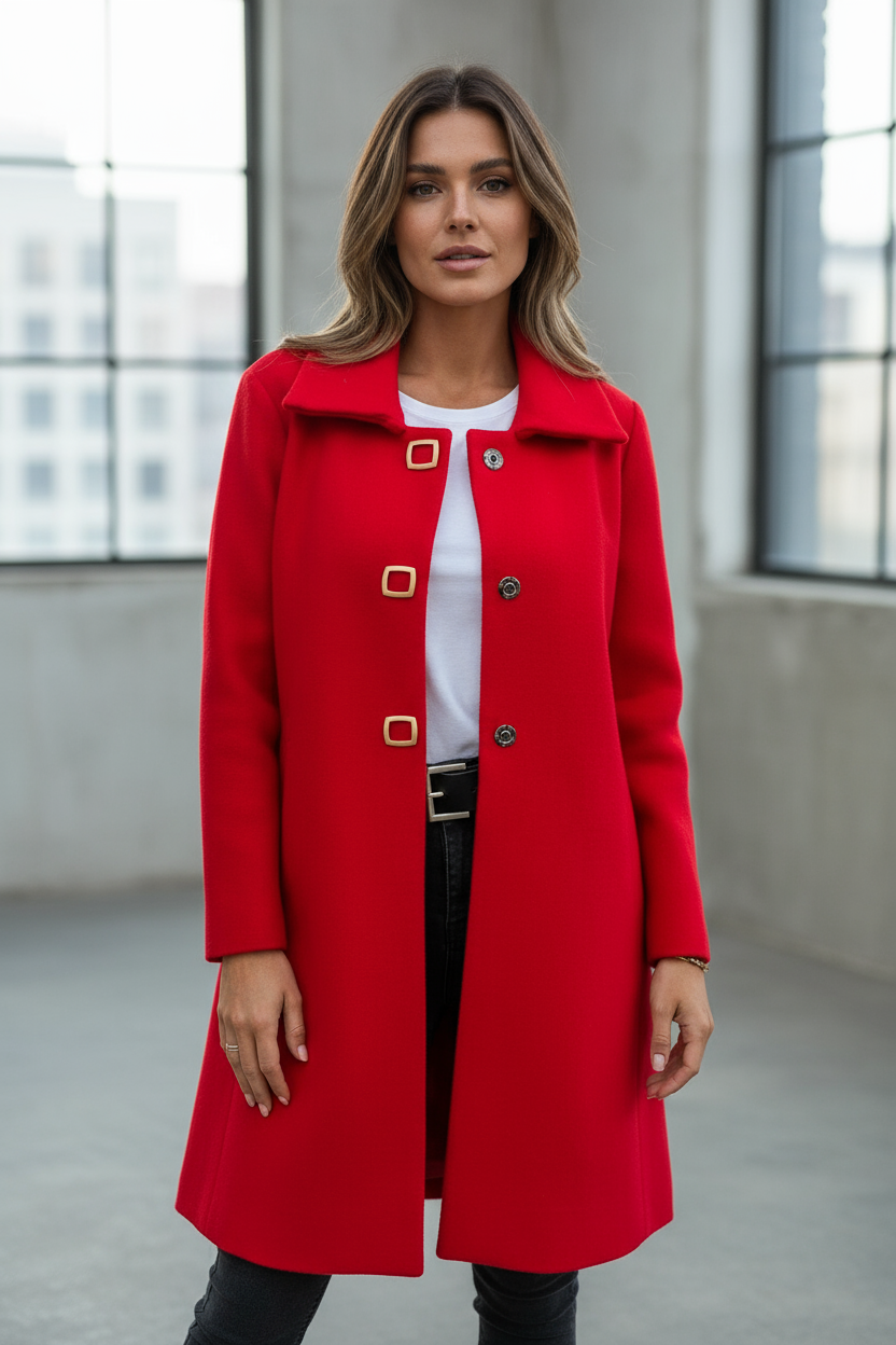 Płaszcz Damski z Dekoracyjnymi Klamrami | Długość Przed Kolano | Minimalistyczna Linia | Styl Miejski