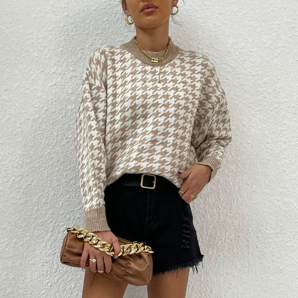 Sweter z Wzorem Pepitki | Dzianina o Gęstym Splocie | Klasyczny Krój | Styl Miejski