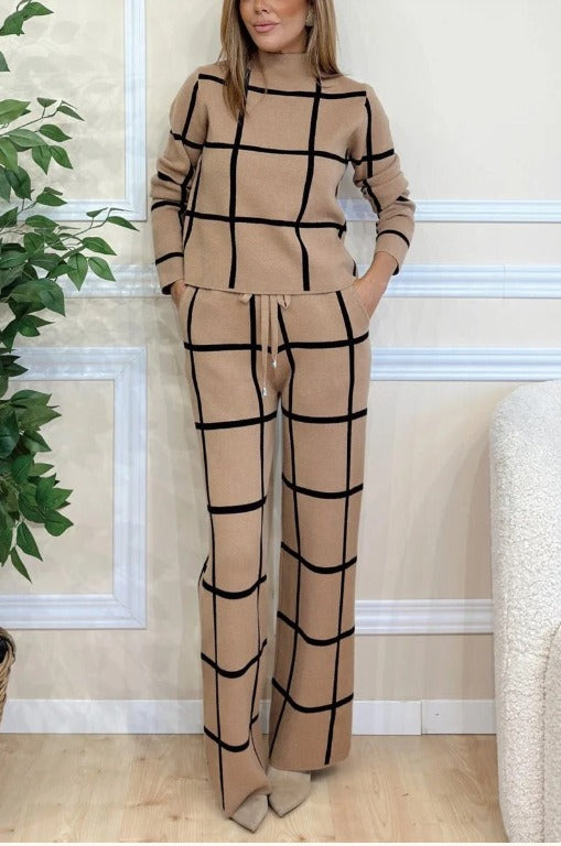 Dzianinowy Komplet Damski | Bluza i Spodnie | Geometryczna Krata | Styl Komfortowy