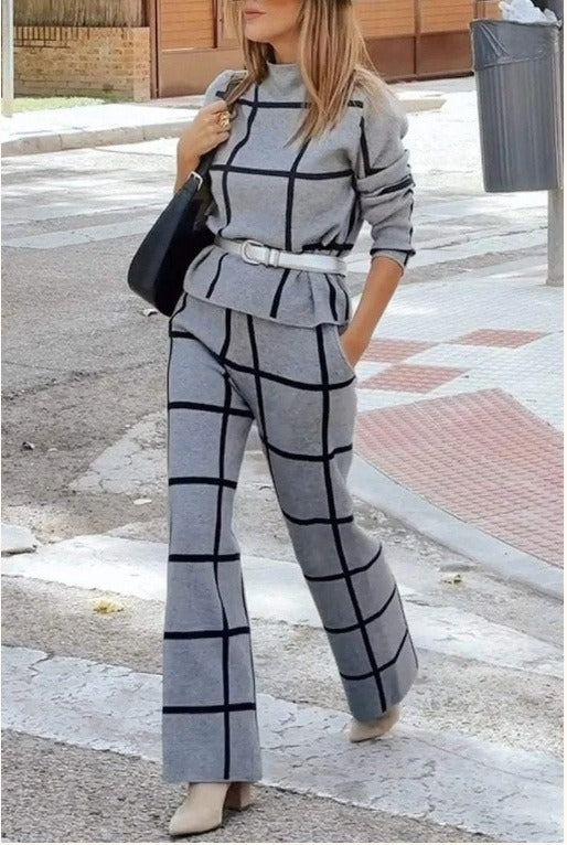 Dzianinowy Komplet Damski | Bluza i Spodnie | Geometryczna Krata | Styl Komfortowy
