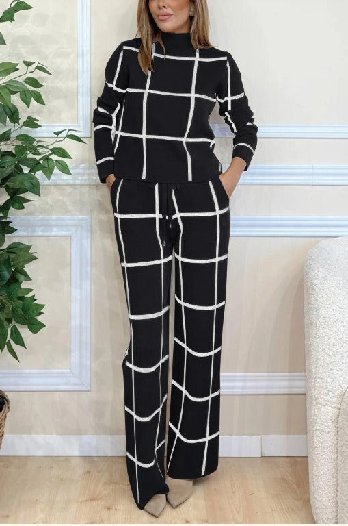 Dzianinowy Komplet Damski | Bluza i Spodnie | Geometryczna Krata | Styl Komfortowy