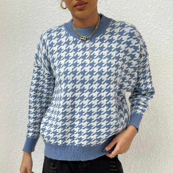 Sweter z Wzorem Pepitki | Dzianina o Gęstym Splocie | Klasyczny Krój | Styl Miejski