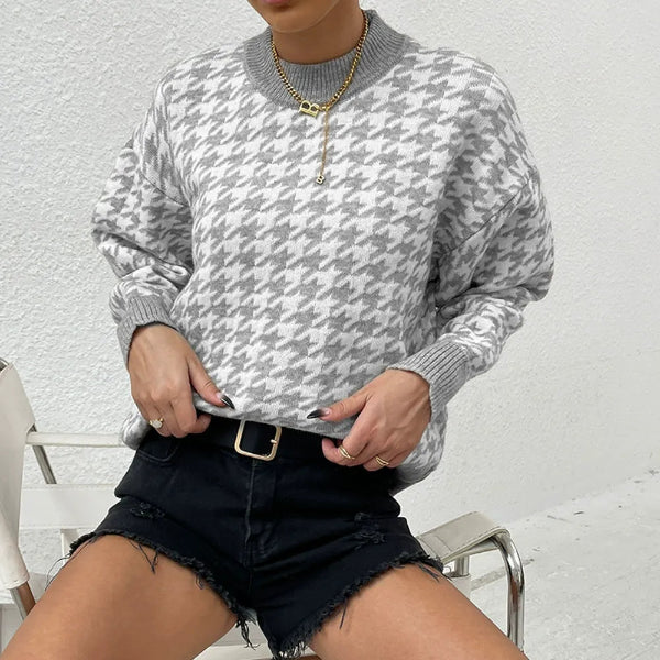 Sweter z Wzorem Pepitki | Dzianina o Gęstym Splocie | Klasyczny Krój | Styl Miejski