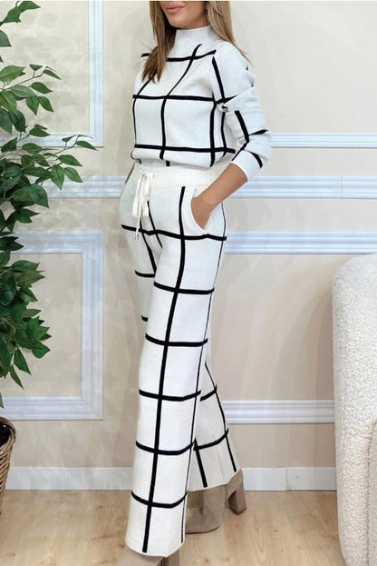 Dzianinowy Komplet Damski | Bluza i Spodnie | Geometryczna Krata | Styl Komfortowy