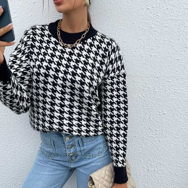 Sweter z Wzorem Pepitki | Dzianina o Gęstym Splocie | Klasyczny Krój | Styl Miejski